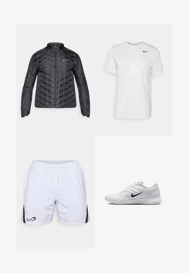 Φουσκωτό μαύρο μπουφάν με φερμουάρ μπροστά, όρθιο γιακά και μπλε λογότυπο στο στήθος. Λείο, λαμπερό ύφασμα με πλισέ υφή και πλευρικές τσέπες.; Λευκό κοντομάνικο T-shirt από απαλό ύφασμα. Διαθέτει στρογγυλή λαιμόκοψη και ένα μικρό μαύρο λογότυπο Nike στο αριστερό στήθος.; Endless SHORT STORM - Αθλητικό σορτς - white/black; Λευκό αθλητικό παπούτσι με υφασμάτινο επάνω μέρος με υφή, μαύρη λογότυπο Nike, επενδεδυμένος λαιμός και ελαστική σόλα με σχέδιο πέλματος.