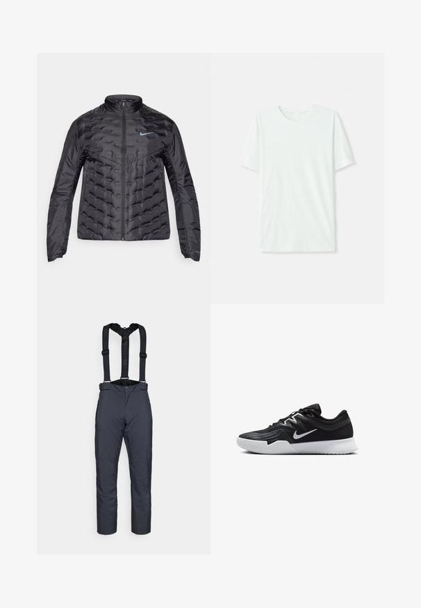 Puffat musta takki, jossa on vetoketju edessä, pystykaulus ja sininen logo rinnassa. Sileä, kiiltävä kangas, jossa on tikattu rakenne ja sivutaskut.; Vihreä mintun värinen lyhythihainen t-paita, joka on valmistettu pehmeästä kankaasta. Siinä on pyöreä kaula-aukko ja yksinkertainen, suora leikkaus ilman koristeita.; Laivaston vesitiiviit hiihtohousut, joissa on säädettävät olkaimet, vetoketjulliset taskut, vahvistetut alaosat ja sileä, kestävä kangas.; Musta urheilukenkä, jossa on teksturoitu päällinen, valkoinen Nike-tikkaus ja valkoinen kumipohja. Kenkässä on nauhakuji ja dynaaminen muoto.