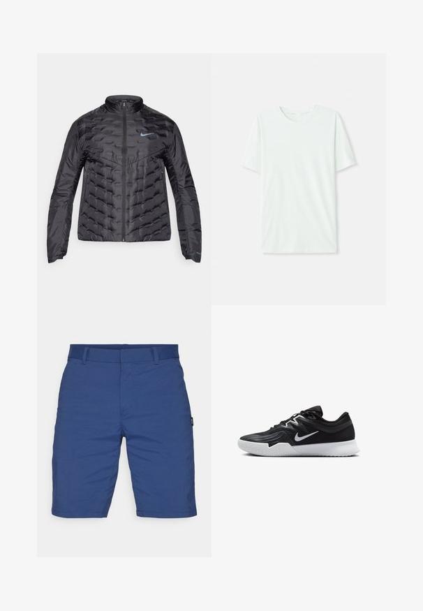 Dikke zwarte jas met een rits aan de voorkant, staande kraag en blauw logo op de borst. Glad, glanzend materiaal met een gequiltte structuur en zijzakken.; Licht mintgroen T-shirt met korte mouwen, gemaakt van zachte stof. Het heeft een ronde halslijn en een simpele, rechte snit zonder versieringen.; Blauwe shorts van lichtgewicht stof. Heeft een platte voorkant, riemlussen en geen zichtbare zakken. Gladde textuur met een getailleerde snit.; Zwarte sportieve schoen met een gestructureerde bovenkant, witte Nike swoosh en een witte rubberen zool. Beschikt over een veterontwerp en een dynamische vorm.