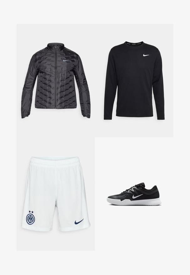 Nafouknutá černá bunda se zipem vpředu, stojáčkem a modrým logem na hrudi. Hladký, lesklý materiál s prošívanou texturou a bočními kapsami.; Černá dlouhá rukávová košile Nike vyrobená z hladkého materiálu, na levé straně hrudi se nachází bílé logo Nike a má kulatý výstřih.; Bílé sportovní šortky vyrobené z lehké tkaniny, s vyšitým modrým logem a dvěma hvězdami na dolní části levé nohavice.; Černá atletická bota s texturovaným svrškem, bílým logem Nike a bílou gumovou podrážkou. Disponuje šněrovacím designem a dynamickým tvarem.