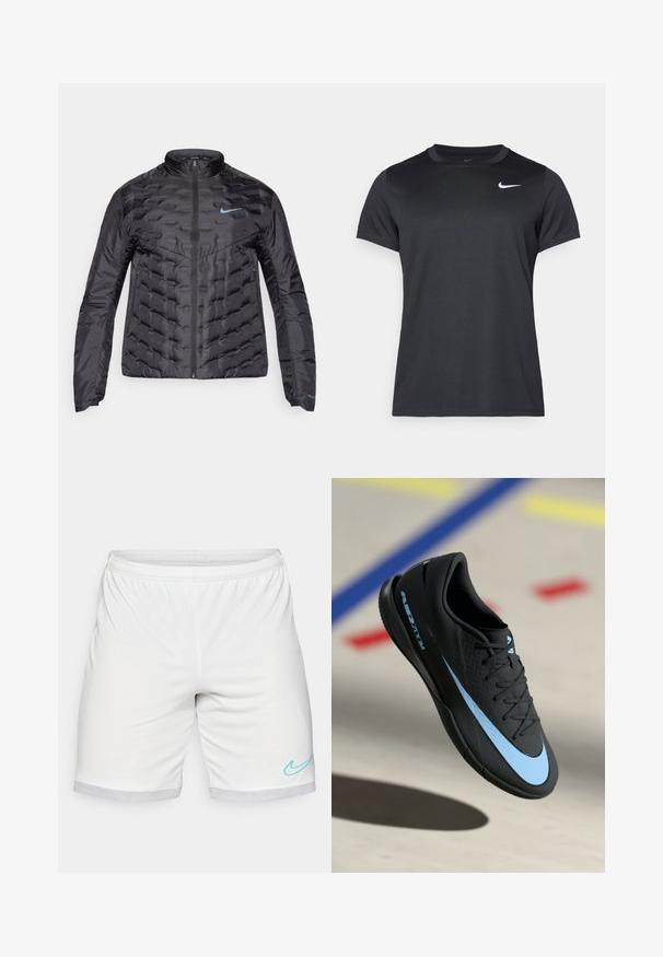 Pūkuota juoda striukė su užtrauktuku priekyje, stovinčiu apykakle ir mėlynu logotipu ant krūtinės. Lygus, blizgus audinys su siuvinėta tekstūra ir šoninėmis kišenėmis.; Juodas Nike sporto marškinėliai trumpomis rankovėmis, su apvaliu kaklu, lygia tekstūra, su baltu logotipu viršutiniame kairiajame kampe.; Balerinų šortai balti, su elastinga juosta, tinklo apdaila ir turkio spalvos Nike swoosh logotipu apatiniame dešiniajame kampe.; Juodas sportinis batelis su mėlynomis detalėmis, tekstūruota paviršius, raišteliais užsegamas dizainas ir išskirtinis Nike logotipas. Guminis padas su sukibimo raštais.