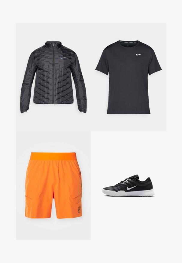 Paks musta jakk, millel on eesnepp, seisva kraega ja sinine logo rinnal. Sile, läikiv kangas koos kätketud tekstuuriga ja küljetaskutega.; Mustamust Nike'i jooksupaita, mis on valmistatud kergest ja hingavast materjalist, lühikeste varrukatega ja mille rinnal on väike valge logo.; Erksad oranžid lühikesed püksid elastse vöökohaga, kahe esiosa tasku ja küljetaskuga. Kerge kangas tekstuurse viimistlusega.; Must mustad jalanikesad rikaste ülaservaga, valge Nike swoosh'i ja valge kummist välispõhjaga. Omab paeltega sulgemisdetaili ja dünaamilist kuju.