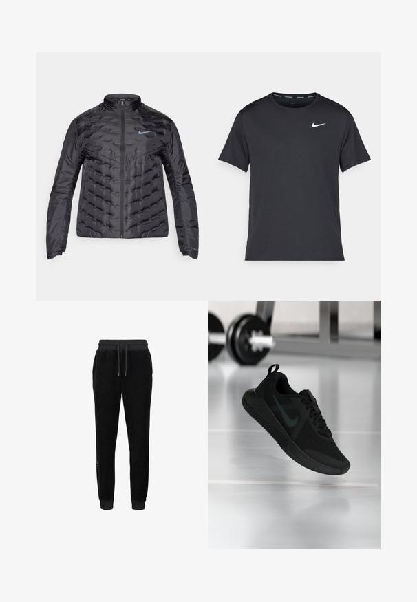 Dikke zwarte jas met een rits aan de voorkant, staande kraag en blauw logo op de borst. Glad, glanzend materiaal met een gequiltte structuur en zijzakken.; Zwarte Nike hardloop T-shirt gemaakt van lichtgewicht, ademend materiaal, met korte mouwen en een klein wit logo op de borst.; Zwarte velours joggers met een geribbelde tailleband en boorden, voorzien van een trekkoord en een klein logo detail aan de onderzijde.; Zwarte sportschoen met een gestructureerd mesh bovenwerk, een rubberen zool en een opvallend donker swoosh-logo. Voorzien van een gevoerde kraag en een vetersluiting.