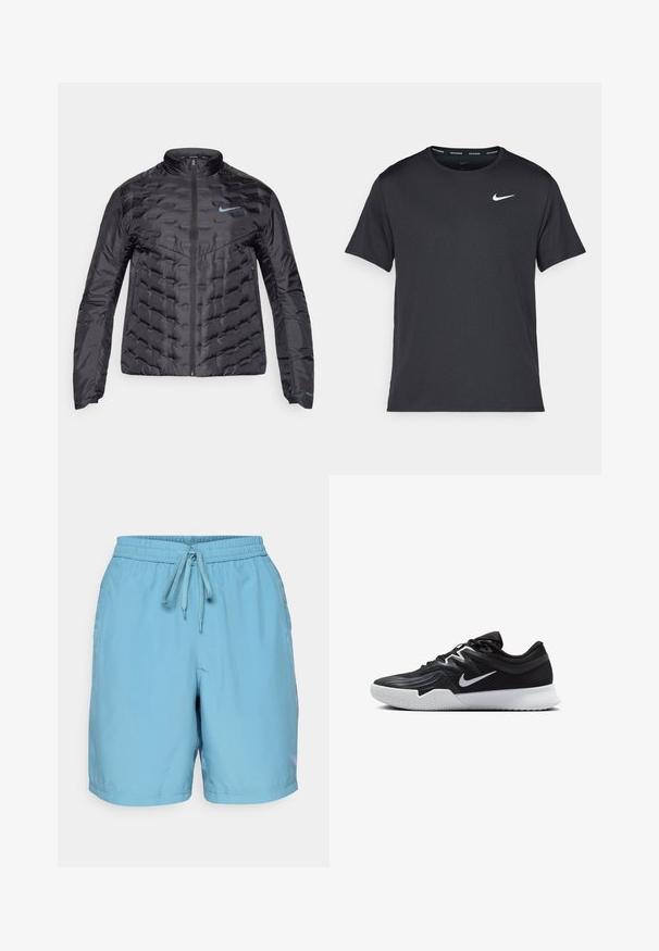 Puffer svart jakke med glidelås foran, stående krage, og blå logo på brystet. Glatt, glatt stoff med kviltet tekstur og sidelommer.; Svart Nike løpe-T-skjorte laget av lett, pustende stoff, med korte ermer og en liten hvit logo på brystet.; Lys blå svømmebukser laget av glatt materiale, med elastisk linning og snøring, samt sidelommer for enkelthet.; Svart treningssko med teksturert overdel, hvit Nike-swoosh og hvit gummisåle. Har snøring og en dynamisk form.