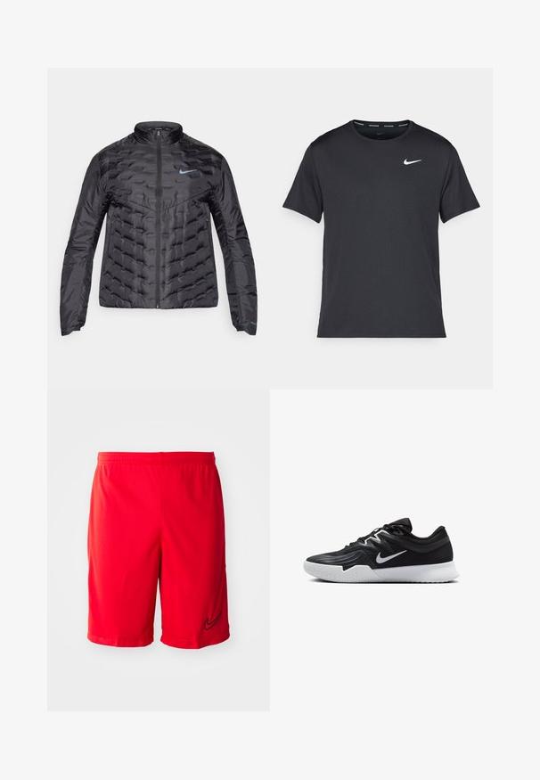 Casaco preto puff com fecho à frente, gola alta e logótipo azul no peito. Tecido liso e brilhante com textura acolchoada e bolsos laterais.; T-shirt de corrida Nike preto, feito de material leve e respirável, com mangas curtas e um pequeno logo branco no peito.; Bermudas desportivas vermelhas feitas de um tecido leve, com um detalhe de logótipo preto, cintura elástica e aberturas laterais para melhorar a ventilação.; Sapatilha atlética preta com um cabedal texturizado, swoosh branco da Nike e uma sola de borracha branca. Apresenta um design com atacadores e uma forma dinâmica.