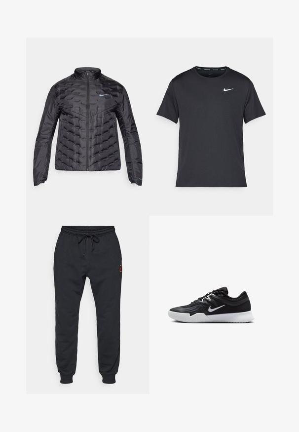 Nafučena črna jakna z zadrgo spredaj, stoječim ovratnikom in modrim logotipom na prsih. Gladek, sijoč material z prešito teksturo in stranskimi žepi.; Črna tekaška majica Nike, izdelana iz lahkega in zračnega materiala, z kratkimi rokavi in majhnim belim logotipom na prsih.; Črne trenirke z elastičnim pasom in manšetami na gležnjih, vrvica v pasu in majhna rdeča in rumena oznaka na zgornjem stegnu.; Črne atletske čevlje z teksturirano zgornjico, belim Nike znakom in belim gumijastim zunanjim podplatom. Imajo vezalni dizajn in dinamično obliko.