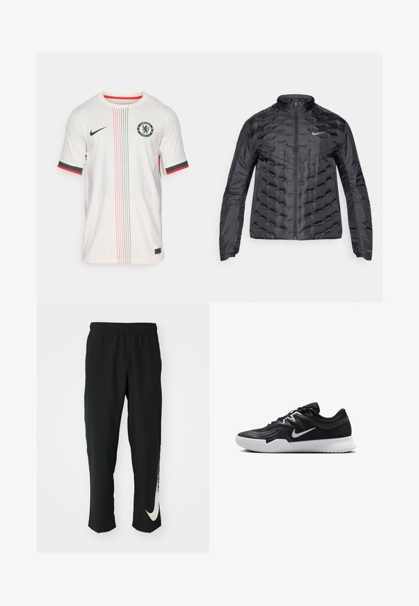 Puffat musta takki, jossa on vetoketju edessä, pystykaulus ja sininen logo rinnassa. Sileä, kiiltävä kangas, jossa on tikattu rakenne ja sivutaskut.; Valkoinen jalkapallopaita, jossa on teksturoitu kuvio, vihreät ja punaiset raidat, pyöreä kaulus, lyhyet hihat ja Chelsea FC -logo rinnassa.; Mustat urheiluhousut, joissa on joustava vyötärö, kapeneva muotoilu ja suuri valkoinen Nike-logo vasemmassa lahkeessa. Pehmeä, kevyt kangas.; Musta urheilukenkä, jossa on teksturoitu päällinen, valkoinen Nike-tikkaus ja valkoinen kumipohja. Kenkässä on nauhakuji ja dynaaminen muoto.