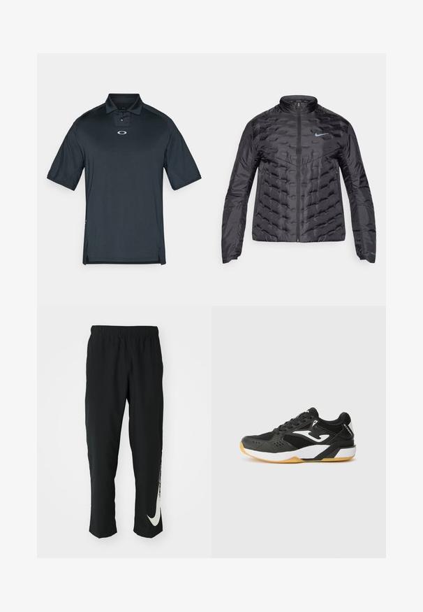 Puffer svart jakke med glidelås foran, stående krage, og blå logo på brystet. Glatt, glatt stoff med kviltet tekstur og sidelommer.; Svart polo skjorte laget av glatt, pustevennlig stoff. Den har kort krage, tre knapper i placket og en liten logo på brystet.; Svarte treningbukser med elastisk midje, smalere design, med en stor hvit Nike-logo på venstre bein. Myk, lett stoff.; Sorte idrettssko med mesh og syntetiske materialer; har hvite detaljer, en teksturert såle og et avrundet tådesign.