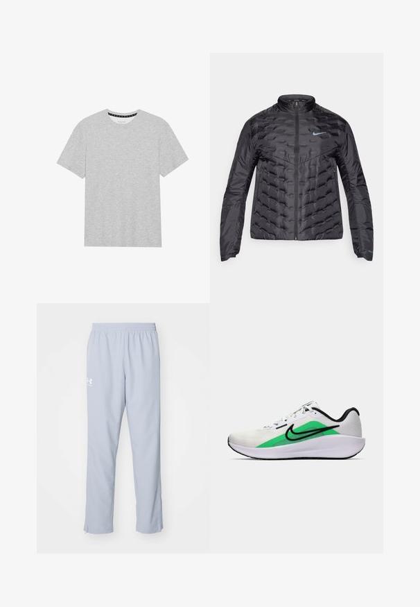 Φουσκωτό μαύρο μπουφάν με φερμουάρ μπροστά, όρθιο γιακά και μπλε λογότυπο στο στήθος. Λείο, λαμπερό ύφασμα με πλισέ υφή και πλευρικές τσέπες.; Γκρίζο βαμβακερό μπλουζάκι με κοντά μανίκια και v-λαιμόκοψη. Ο дляλαιμός διαθέτει μια αντίθετη μαύρη εσωτερική ετικέτα. Μαλακή, λεία υφή.; Ανοιχτό μπλε αθλητικά παντελόνια με ελαστική μέση, πλαϊνές τσέπες και φερμουάρ στους αστραγάλους. Περιλαμβάνει λευκό λογότυπο στο αριστερό μηρό.; Λευκό αθλητικό παπούτσι με πράσινη λεπτομέρεια, μαύρο λογότυπο, επάνω μέρος από δίχτυ, μαλακή σόλα και στρογγυλή φτέρνα. Διαθέτει κορδόνια και αντίθετες λεπτομέρειες.