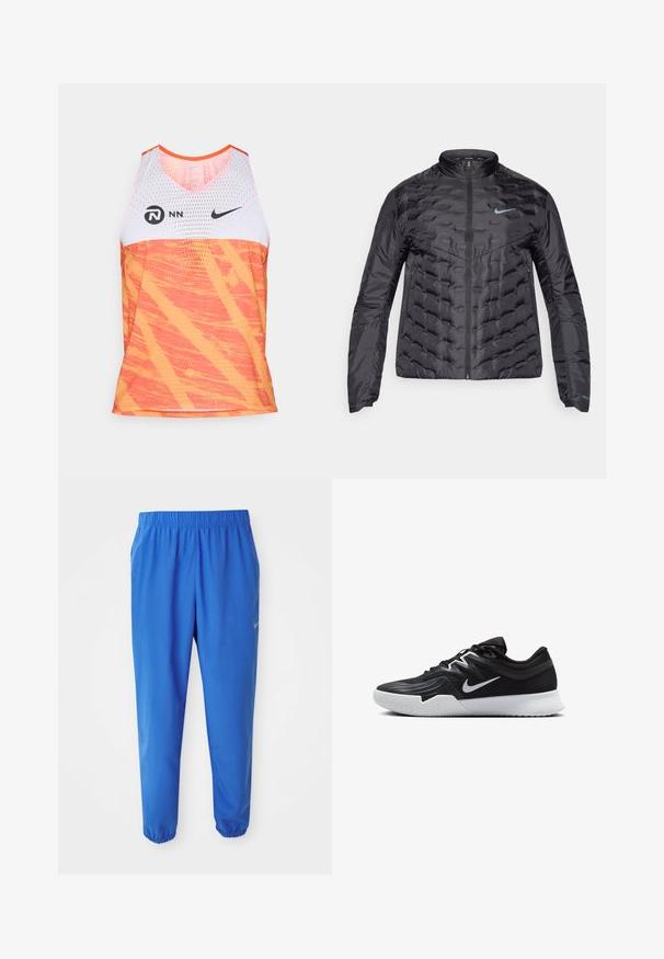 Jachetă pufosă de culoare neagră, cu fermoar frontal, guler în picioare și logo albastru pe piept. Material neted, lucios, cu textură matlasată și buzunare laterale.; Tricou sportiv Nike cu un segment superior din plasă albă și un segment inferior vibrant portocaliu, cu un model abstract texturat.; Pantaloni sportivi blue cu talie elastică, design cu picior drept și manșete înguste. Prezintă logo-ul Nike în auriu pe partea stângă.; Pantof sport negru cu un superior texturat, swoosh alb Nike și o tălpică din cauciuc alb. Dispune de un design cu șireturi și o formă dinamică.