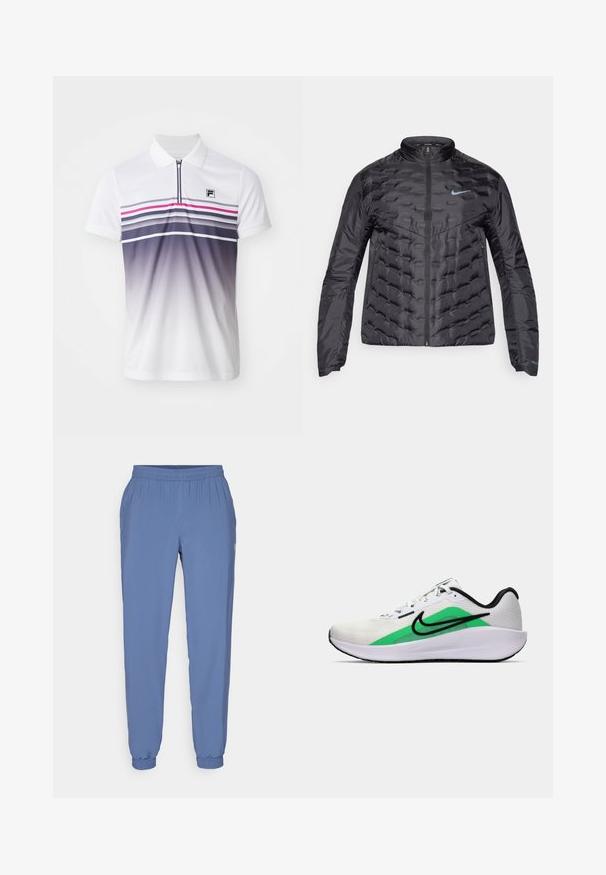 Doudoune noire rembourrée avec fermeture éclair sur le devant, col montant, et logo bleu sur la poitrine. Tissu lisse et brillant avec texture matelassée et poches latérales.; Polo shirt blanc à manches courtes, avec une fermeture éclair sur le devant, des rayures horizontales en violet, rose et gris, et un petit logo noir sur la poitrine.; Pantalons de jogging légers et bleu avec une taille élastique et des poignets. Présente une texture lisse et un petit logo sur le côté.; Chaussure de sport blanche avec un accent vert, logo noir, tige en mesh, semelle rembourrée et talon arrondi. Présente des lacets et des détails contrastés.