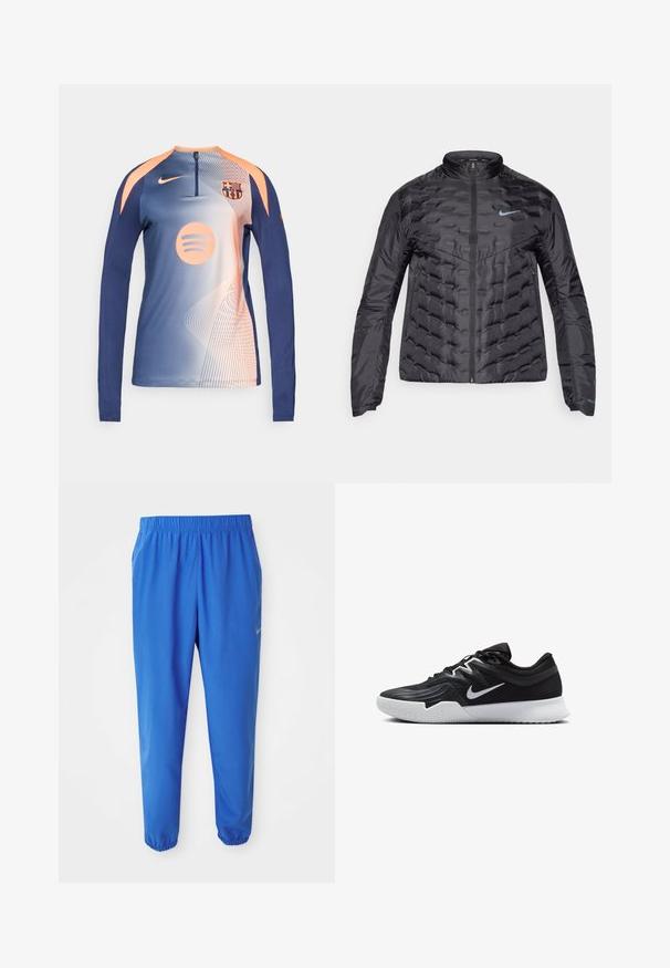 Flauschige schwarze Jacke mit durchgehendem Reißverschluss, Stehkragen und blauem Logo auf der Brust. Glattes, glänzendes Material mit gesteppter Textur und seitlichen Taschen.; Langärmliges blaues und pfirsichfarbenes Nike-Fußball-Trainingsoberteil mit dem Wappen von FC Barcelona und dem Spotify-Logo, Reißverschlusskragen und abstraktem Linienmuster.; Blaue Sporthosen mit elastischem Bund, geradem Bein und schmal zulaufenden Säumen. Mit dem goldenen Nike-Logo auf der linken Seite.; Schwarzer Sportschuh mit strukturiertem Obermaterial, weißem Nike-Warenzeichen und einer weißen Gummisohle. Verfügt über ein Schnürdesign und eine dynamische Form.