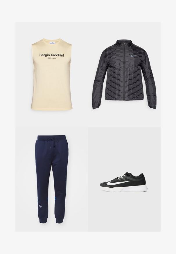Pufi fekete dzseki, elülső cipzárral, álló gallérral és kék logóval a mellkason. Simá, fényes anyag, steppelt textúrával és oldalsó zsebekkel.; Ujjatlan, világos sárga trikó, puha anyagból készült, fekete felirattal: "Sergio Tacchini EST. 1966" a mellkas fölött.; Sötétkék melegítőnadrág sima anyagból, húzózsinórral ellátott derékrésszel, kék díszcsíkokkal a szárvégén, és logós részlettel az alján.; Fekete sportcipő textúrált felsőrészel, fehér Swoosh logóval, fűzős kialakítással és mintázott talppal rendelkező gumi talppal.