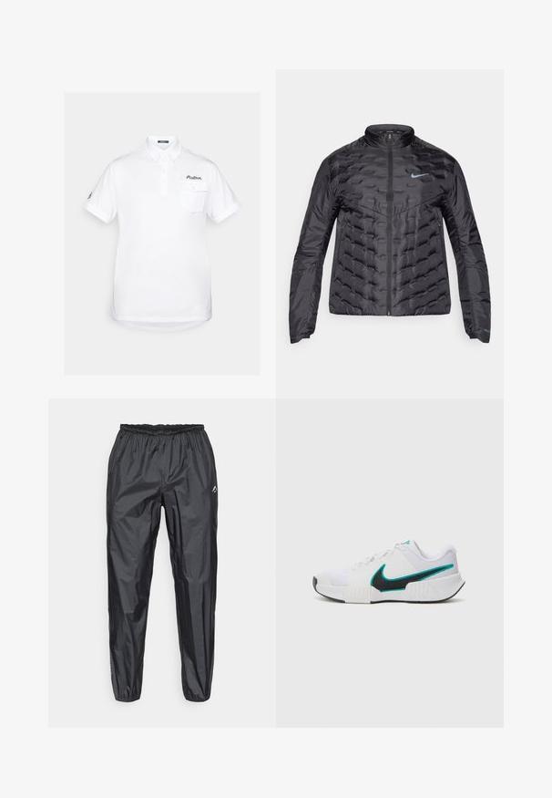 Paks musta jakk, millel on eesnepp, seisva kraega ja sinine logo rinnal. Sile, läikiv kangas koos kätketud tekstuuriga ja küljetaskutega.; Valge puuvillane polo särk lühikeste varrukatega, terava kraega, kolme nööbiga kinnitusega ja rindtaskuga. Särgil on brodeeritud logo.; Meeste mustad veekindlad vihmapüksid, valmistatud kerge sünteetilise materjali, elastse vöökoha ja kitseneva jala disainiga.; Valge sportlik toss, millel on tekstureeritud võrkmaterjalist ülaosa, must kummist tald ja türkiissinine Nike'i logo aktsent. Eriomadusteks on paelad ja polsterdatud krae.