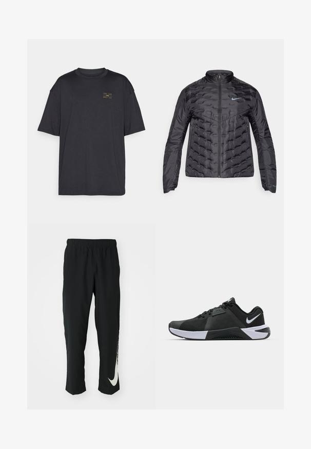 Puffy čierna bunda so zipsom vpredu, stojatým golierom a modrým logom na hrudi. Hladká, lesklá tkanina s prešívanou textúrou a bočnými vreckami.; Čierne tričko s krátkym rukávom vyrobené z hladkej látky, s malým žltým logom na hrudi. Dizajn je vo voľnom strihu s okrúhlym výstrihom.; Čierne športové nohavice s elastickým pásom, zúžený strih, s veľkým bielym logom Nike na ľavom stehne. Mäkká, ľahká tkanina.; Nike Performance METCON 10 - Tréningová obuv - black/white/anthracite