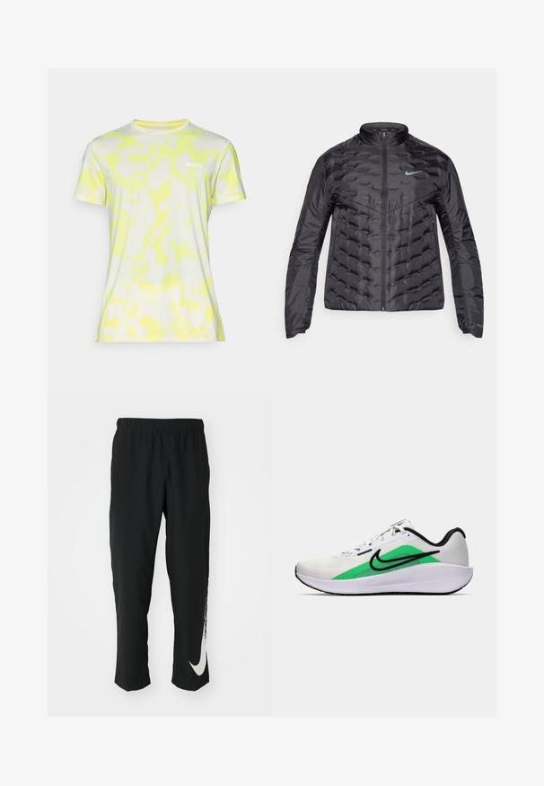 Dikke zwarte jas met een rits aan de voorkant, staande kraag en blauw logo op de borst. Glad, glanzend materiaal met een gequiltte structuur en zijzakken.; Korte mouwen, slimfit t-shirt van lichtgewicht stof met een witte basis en gele abstracte patronen, evenals een klein "BORG" logo op de borst.; Zwarte sportbroeken met elastische tailleband, taps toelopend ontwerp, met een groot wit Nike-logo op het linkerbeen. Zachte, lichte stof.; Witte sportieve schoen met een groene accenta, zwart logo, bovenwerk van mesh, gevoerde zool en een afgeronde hak. Voorzien van veters en contrasterende details.