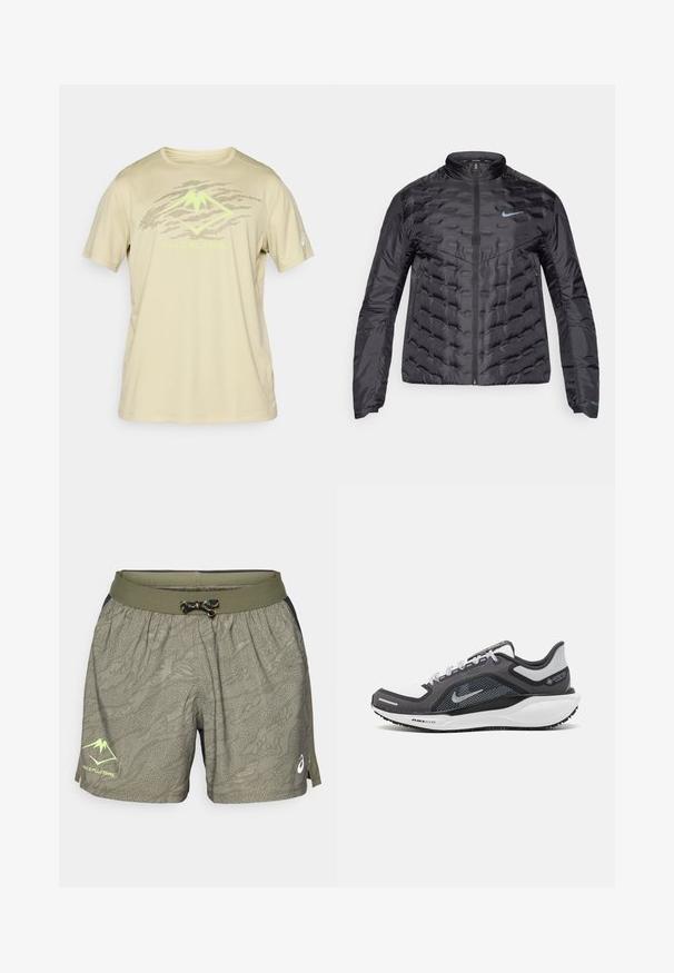 Puffer svart jakke med glidelås foran, stående krage, og blå logo på brystet. Glatt, glatt stoff med kviltet tekstur og sidelommer.; ASICS FUJITRAIL LOGO TOP - T-skjorte til trening - khaki; Grønne mønstrede shorts med elastisk linning og sorte sideakcenter. Har snor og en logo nederst foran.; Svart og grå atletisk sko med mesh-overdel, refleksdetaljer og hvit mellomsåle. Har strukturert gummisåle og lisser.