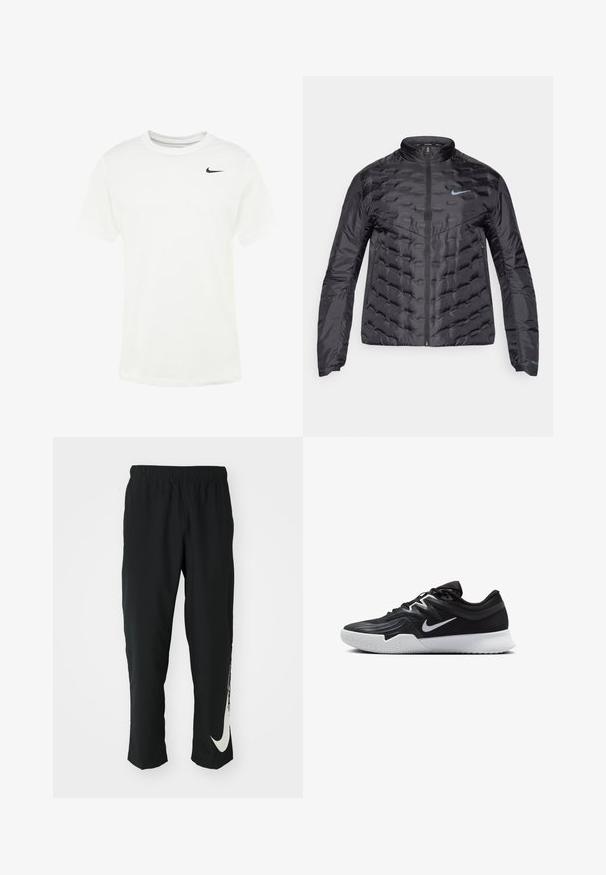 Puffat musta takki, jossa on vetoketju edessä, pystykaulus ja sininen logo rinnassa. Sileä, kiiltävä kangas, jossa on tikattu rakenne ja sivutaskut.; Valkoinen puuvillainen t-paita, jossa on pyöreä kaulus, lyhyet hihat ja musta Nike-swoosh-logo vasemmassa rinnassa. Pehmeä rakenne, normaali istuvuus.; Mustat urheiluhousut, joissa on joustava vyötärö, kapeneva muotoilu ja suuri valkoinen Nike-logo vasemmassa lahkeessa. Pehmeä, kevyt kangas.; Musta urheilukenkä, jossa on teksturoitu päällinen, valkoinen Nike-tikkaus ja valkoinen kumipohja. Kenkässä on nauhakuji ja dynaaminen muoto.
