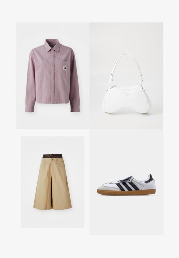 Korte lichtbeige nepbontjasje met een brede kraag, twee ritszakken op de borst en met bont gevoerde manchetten en zoom. Accenten van zilveren hardware.; Lichtroze overhemd met knopen en een gestructureerd patroon, lange mouwen, een borstzak en een klein logo-label op de zak.; Khaki shorts met een brede pijpdesign en een luipaardprint tailleband. Voorzien van zakken aan de voorkant en een knoopsluiting. Glad, gestructureerd stof.; Witte leren sneaker met zwarte strepen en grijze accenten, met een afgeronde neus en een gumrubberen buitenzool. Klittenbandsluiting en veters.; Witte handtas met een glad, glanzend oppervlak, gebogen vorm en een enkele verstelbare schouderriem. Heeft een logo dat aan de voorkant is geperst.