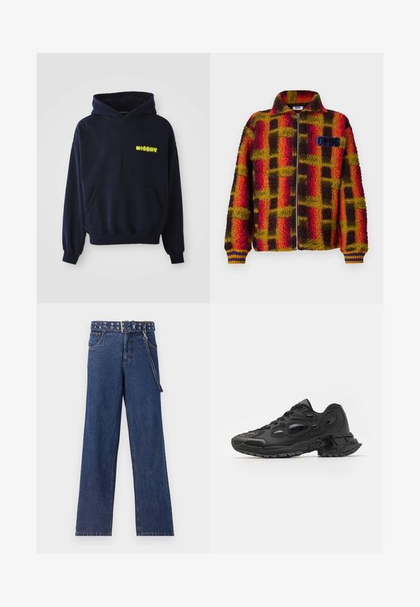 Jachetă din fleece în carouri roșii, galbene și negre, cu fermoar frontal, guler și manșete ribbate cu dungi albastre și galbene. Logo-ul GGDS pe piept.; Hanorac bleumarin cu buzunar frontal și logo-ul galben "MISBHV" pe partea superioară stânga a pieptului, expus pe fundal alb.; Jeans din denim bleumarin închis cu un design drept, prezentând o centură cu model și cu ochiuri din metal, împreună cu un bucle de centură asortat.; Pantofi sport negri cu superior sintetic texturat, vârf rotunjit și decupaje ovale distinctive. Prezintă o talpă din cauciuc dur pentru tracțiune.