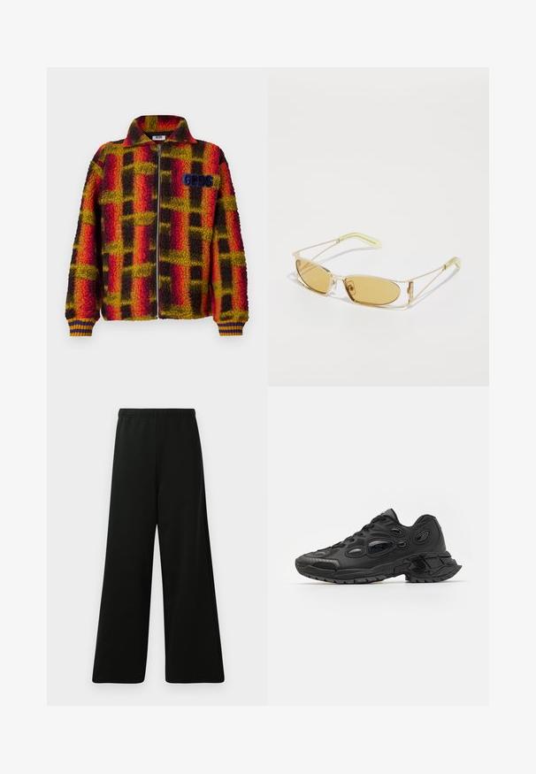 Fleece-takki punaisessa, keltaisessa ja mustassa ruutukuosisessa, jossa on vetoketjukiinni, kaulus ja ribbauskämmenet, joissa on sinisiä ja keltaisia raitoja. GGDS-logo rinnassa.; Musta puuvillapaita, jossa on pyöreä kaula-aukko ja lyhyet hihat. Valkoinen "GCDS"-logo on sijoitettu vasempaan rintakehään.; Musta leveälahkeinen housu pehmeästä kankaasta. Sisältää joustovyötärön, sileän pinnan ja yksinkertaisen, modernin suunnittelun ilman kuvioita.; Mustat urheilukengät, joissa on teksturoitu synteettinen päällinen, pyöreä kärki ja erityiset soikeat aukot. Varustettu karkealla kumipohjalla, joka tarjoaa pitoa.; Keltainen sävyisät aurinkolasit, joissa on läpinäkyvä kultakehys, kapea suorakulmainen muoto ja kulmikkaat varret, joissa on vaaleanvihreitä yksityiskohtia.