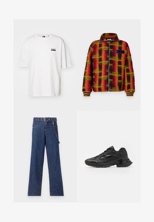 Veste en polaire à carreaux rouges, jaunes et noirs avec fermeture éclair à l'avant, col et poignets côtelés présentant des rayures bleues et jaunes. Logo GGDS sur la poitrine.; T-shirt en coton blanc à coupe décontractée, col rond et manches courtes. Présente une petite étiquette noire sur la poitrine gauche.; Jeans en denim bleu foncé avec une coupe droite, dotés d'une ceinture à motifs avec des œillets en métal et d'une boucle de ceinture assortie.; Baskets de sport noires avec une tige synthétique texturée, bout arrondi et découpes ovales distinctives. Équipées d'une semelle en caoutchouc robuste pour une adhérence optimale.
