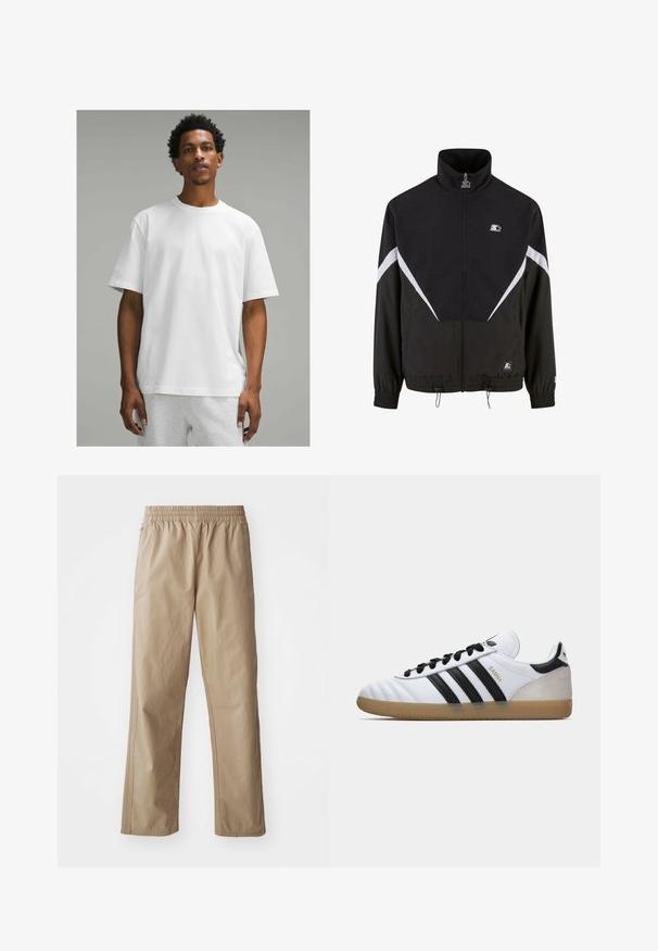 Juodas švarkas su aukštu apykaklės, priekiniais užtrauktukais ir elastingomis rankovėmis. Turi baltas įstrižaines ir mažą logotipą ant krūtinės. Tekstūra lygi.; Balta medvilninė marškinė su trumpomis rankovėmis, apvaliu kaklu, laisvu siluetu. Lygus paviršius, vienspalvis dizainas, be matomų raštų ar akcentų.; Šviesiai rudos spalvos, lengvi, elastingo juosmens kelnes tiesiomis kojomis. Yra šoninės kišenės ir subtilus siuvinėjimas. Lygus paviršius, kasdienis dizainas.; Balti Adidas Samba sneakeriai su juodais dryžiais, juodais raišteliais, smėlio spalvos zomšinėmis kulnais ir guminiais padais, parodyti kairėje profilio pusėje.