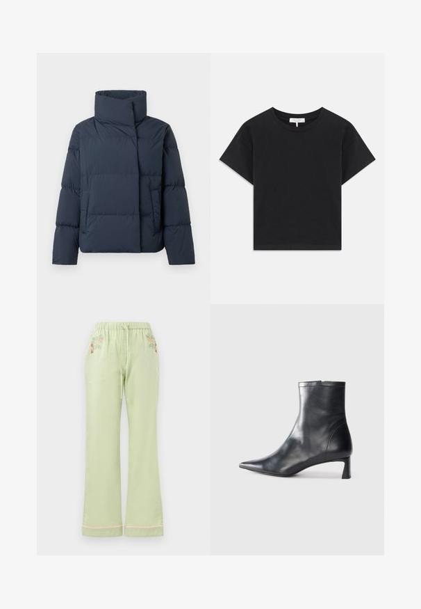 Granatowa kurtka puchowa z wysokim kołnierzem i asymetrycznym zamkiem błyskawicznym, o pudełkowym kształcie i wyszywanych sekcjach dla dodatkowej izolacji.; Czarny krótki t-shirt wykonany z bawełny, z okrągłym dekoltem, krótkimi rękawami oraz prostym wzorem bez nadruków i ozdób.; Jasnozielone, luźne spodnie z elastycznym pasem i sznurkiem. Posiadają kwieciste hafty z przodu oraz różowy detal na hemie.; Czarne skórzane botki sięgające kostki z ostrym noskiem i eleganckim designem. Posiadają niski obcas oraz zamek błyskawiczny z tyłu. Gładka faktura.