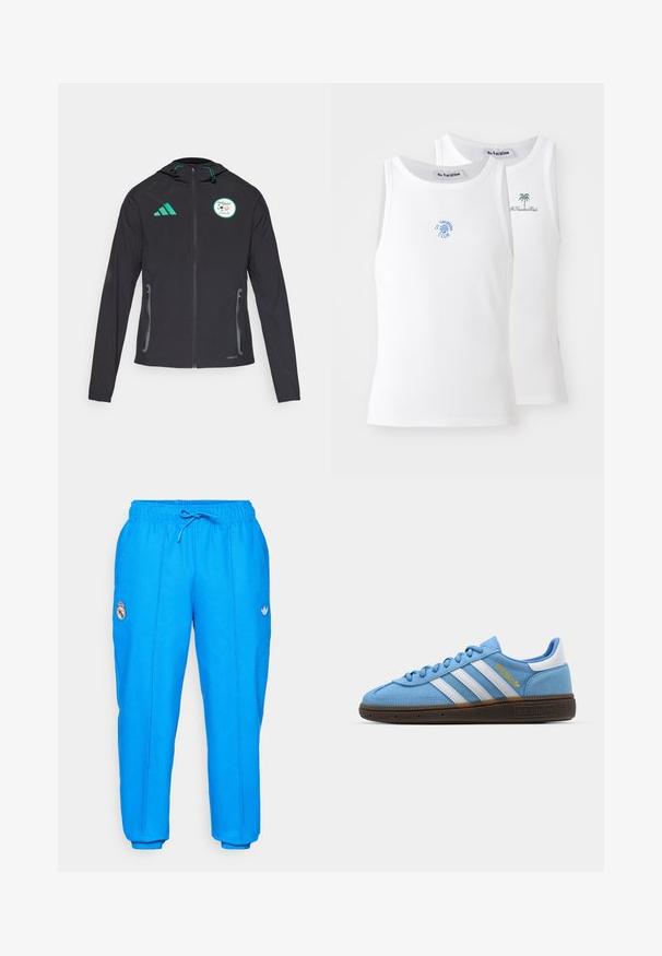 Casaco atlético preto com capuz, com detalhes em verde, bolsos com fecho e logótipo da seleção nacional da Argélia no peito.; Dois tops brancos de alças, com textura canelada, apresentando logótipos bordados em azul e verde. Um tem um desenho de sol, o outro uma palmeira.; Calças de treino azuis com cintura elástica e cordão. Apresentam o logótipo do Real Madrid e o trevo da Adidas nas laterais. Punhos nas extremidades das pernas.; Sapatilhas de camurça azul-claro com riscas de couro branco, sola texturizada castanha e detalhe do logótipo em dourado. Design baixo com bico arredondado.