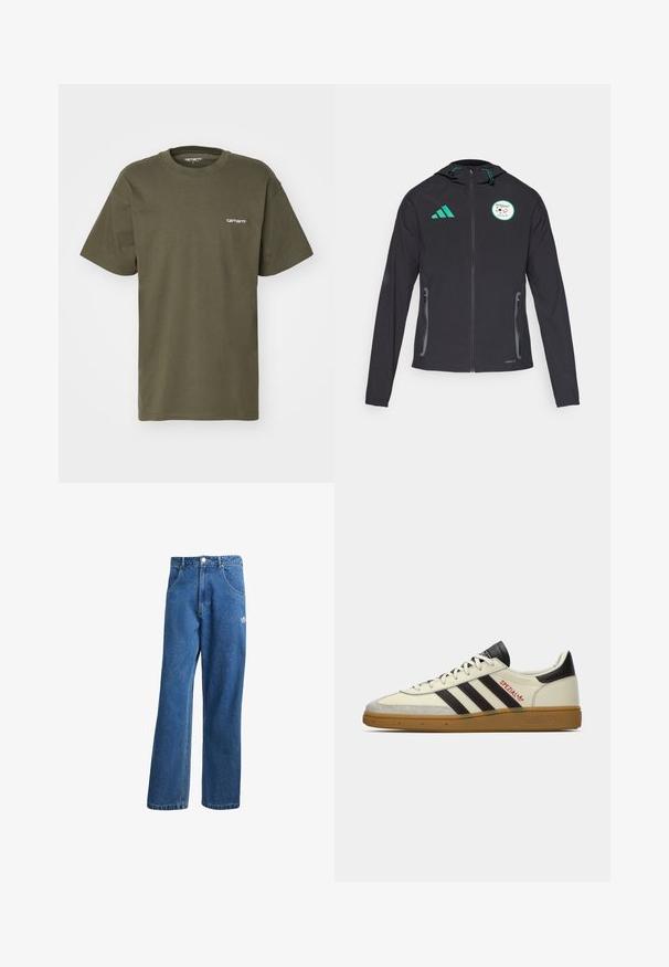 Chaqueta deportiva negra con capucha, con acentos verdes, bolsillos con cremallera y el logo de la selección nacional de Argelia en el pecho.; Camiseta de manga corta color verde olivo hecha de algodón, con cuello redondo y un pequeño logo blanco impreso en el lado izquierdo del pecho.; Vaqueros de mezclilla anchos de talle alto en azul, con bolsillos frontales, presillas para cinturón, cierre de botón y pequeño logo de Adidas en el muslo derecho.; Zapatillas Adidas Spezial en crema y negro con suela de goma, rayas negras, costuras rojas y la marca "Spezial" en el lateral.