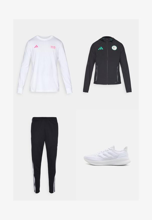 Schwarze Sportjacke mit Kapuze, ausgestattet mit grünen Akzenten, Reißverschlusstaschen und dem Logo der algerischen Nationalmannschaft auf der Brust.; Weißes Langarmshirt mit Rundhalsausschnitt und pinkem Adidas-Logo sowie dem Text "BMW Berlin Marathon" auf der Brust.; Schwarze Sporthosen mit lockerer Passform, versehen mit weißen Seitenstreifen, einem Kordelzugbund und zwei Seitentaschen. Hergestellt aus weichem Stoff.; Weiße Sportschuhe mit einem strukturierten Mesh-Obermaterial, einer stützenden gepolsterten Sohle und einem drei Streifen-Design an der Seite.