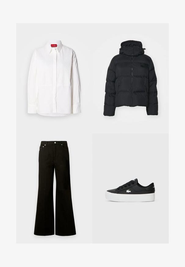 Zwarte pufferjack met een afneembare capuchon, rits aan de voorkant en twee zijzakken. Bevat doorgestikte secties en een klein logo op de borst.; Witte blouse met een voorplooien die verticale plooien heeft, lange mouwen en een puntige kraag. Het label aan de binnenkant leest "cras." Gladde stofstructuur.; Zwarte high-waist wijde jeans met knopen en ritssluiting aan de voorkant, riemlussen en vijf zakken, waaronder een klein muntzakje.; Zwarte lage sneaker gemaakt van synthetisch materiaal, met een witte rubberen zool, zwarte veters en een klein wit logo aan de zijkant.