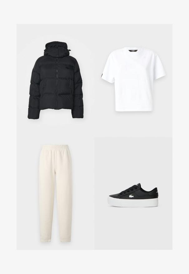 Schwarze Pufferjacke mit abnehmbarer Kapuze, Reißverschluss vorne und zwei Seitentaschen. Verfügt über gesteppte Abschnitte und ein kleines Logo auf der Brust.; Weißes Baumwoll-T-Shirt, kurze Ärmel, Rundhalsausschnitt, mit einem kleinen Logo auf der Vorderseite und einem schwarzen Akzent am linken Ärmel.; Cremfarbene Jogginghose aus weichem Stoff. Sie verfügt über einen elastischen Bund und ein tailliertes Bein-Design mit dezenten Steppnähten.; Schwarzer Low-Top-Sneaker aus synthetischem Material mit einer weißen Gummisohle, schwarzen Schnürsenkeln und einem kleinen weißen Logo an der Seite.