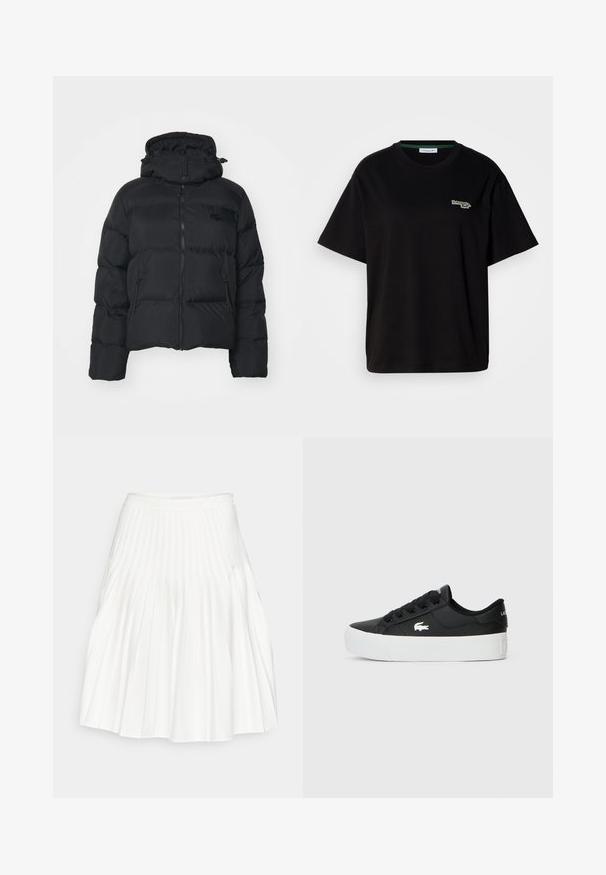 Manteau en duvet noir avec capuche détachable, fermeture éclair à l'avant et deux poches latérales. Possède des sections matelassées et un petit logo sur la poitrine.; T-shirt en coton noir à manches courtes, avec un petit accent logo vert sur la poitrine gauche. Encolure ronde classique, coupe décontractée.; Jupe plissée blanche avec une taille lisse, un tissu fluide et des plis verticaux créant de la texture et du volume.; Baskets basses noires en matériau synthétique, avec une semelle en caoutchouc blanc, des lacets noirs et un petit logo blanc sur le côté.