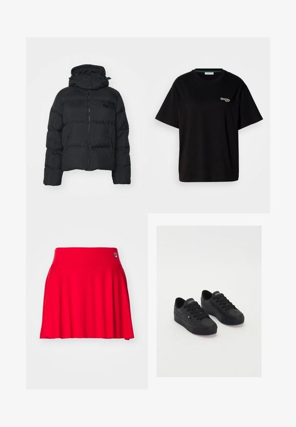 Zwarte pufferjack met een afneembare capuchon, rits aan de voorkant en twee zijzakken. Bevat doorgestikte secties en een klein logo op de borst.; Zwarte katoenen t-shirt met korte mouwen, voorzien van een klein groen logo op de linkerkant van de borst. Klassieke ronde hals en een relaxte pasvorm.; Rode knie-lange rok van rekbaar fabric met een gladde textuur. Heeft een brede tailleband en een uitlopende ontwerp. Merklogo op de tailleband.; Zwarte low-top sneakers van glad materiaal, met dikke veters, een gestructureerde zool en een klein logo aan de zijkant en op de tong.