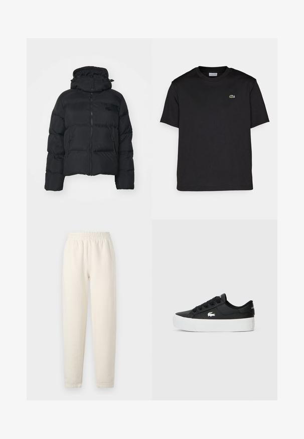 Sort pufferjakke med aftagelig hætte, lynlåslukning foran og to sidelommer. Har quiltede sektioner og et lille logo på brystet.; Sort bomuld t-shirt med rund halsudskæring, korte ærmer og et lille grønt broderet logo på venstre bryst. Enkel design.; Cremefarvede sweatpants lavet af blødt stof. Har en elastisk talje og tapered ben design med subtile stikningsdetaljer.; Sort lavtop sneaker lavet af syntetisk materiale, med en hvid gummisål, sorte snørebånd og et lille hvidt logo på siden.