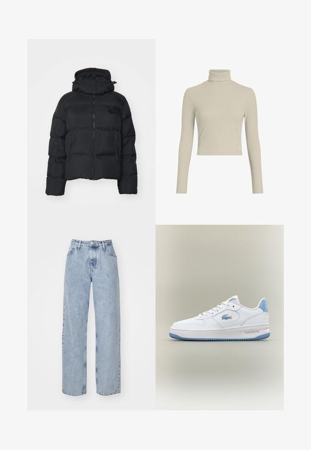 Black puffer jacket with a detachable hood, zip front, and two side pockets. Features quilted sections and a small logo on the chest.; Light beige ribbed turtleneck long-sleeve top with a fitted design and high neck. Features subtle logo tag on the hem. Smooth texture.; Light blue, wide-leg jeans made of denim. Features a high waist, five pockets, and a button-and-zip closure. Textured surface, minimal fading.; White Lacoste sneaker with light blue accents, lace-up front, and branded crocodile logo on the side and heel, isolated on neutral background.