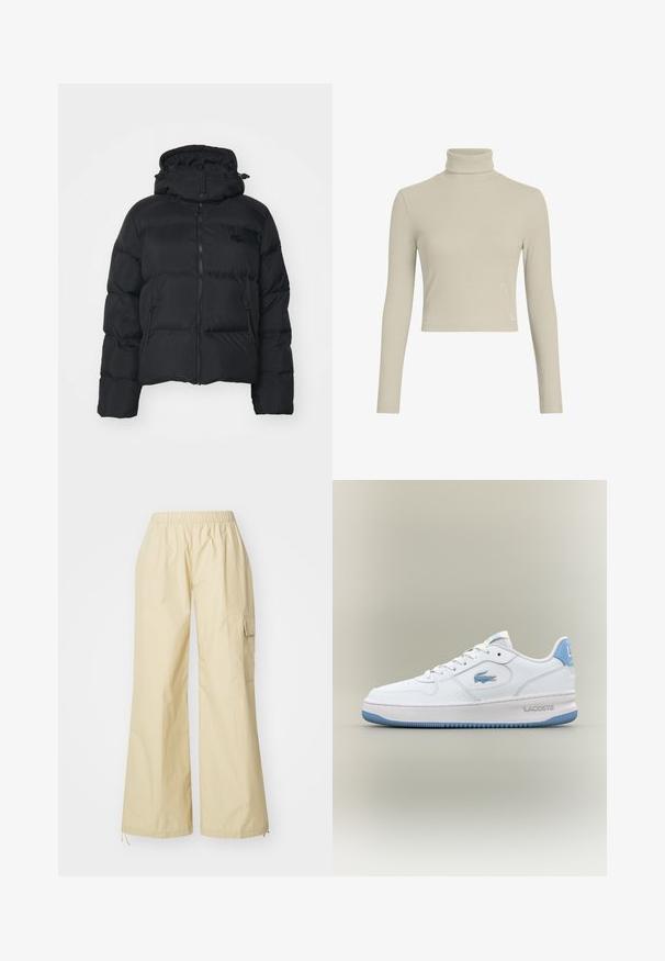 Fekete puffdzseki leválasztható kapucnival, cipzáros elején és két oldalsó zsebbel. Steppelt részekkel és egy kis logóval a mellkason.; Világos bézs bordás garbó, hosszú ujjú, testhezálló fazonnal és magas nyakkal. Diszkrét logó címke található a szegélyen. Sima textúra.; Széles szárú, világos bézs nadrágok, rugalmas derékkal és egyoldali cargo zsebbel. Puha, texturált anyagból készült.; Fehér Lacoste sportcipő világoskék részletekkel, fűzős elejével, és márkázott krokodil logóval az oldalon és a sarkán, semleges háttérben izolálva.
