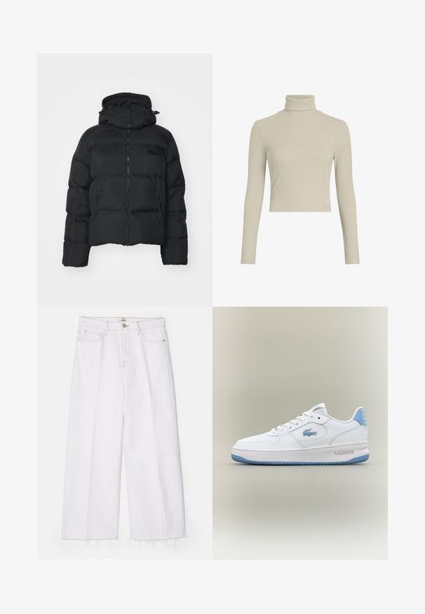 Giubbotto imbottito nero con cappuccio staccabile, chiusura con zip frontale e due tasche laterali. Presenta sezioni trapuntate e un piccolo logo sul petto.; Maglione a collo alto lungo a maniche lunghe di un beige chiaro a costine con un design aderente e un collo alto. Presenta un discreto etichetta con logo sull'orlo. Texture liscia.; FRAME LE JANE WIDE CROP RAW FRAY - Jeans baggy - au natural clean; Sneaker bianca Lacoste con accenti azzurri chiari, chiusura con lacci, e logo del coccodrillo sul lato e sul tallone, isolata su sfondo neutro.