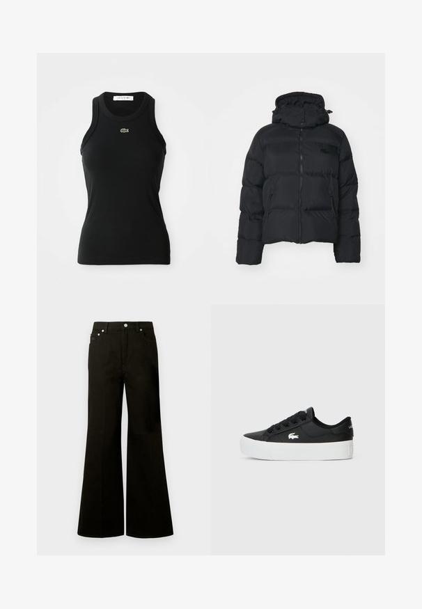 Casaco puffer preto com capuz destacável, fecho de correr à frente e dois bolsos laterais. Apresenta secções acolchoadas e um pequeno logótipo no peito.; Camisola de alças preta, com nervuras, com decote redondo e pequeno logótipo do crocodilo verde da Lacoste centrado abaixo do decote.; Calças de ganga pretas de cintura alta e perna larga, com botão e fecho éclair frontal, passadores para cinto e cinco bolsos, incluindo um pequeno bolso para moedas.; Sapatilha preta de cano baixo feita de material sintético, com sola de borracha branca, atacadores pretos e um pequeno logótipo branco na lateral.