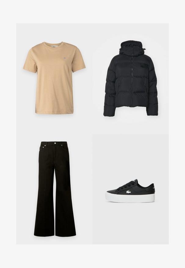 Black puffer jacket with a detachable hood, zip front, and two side pockets. Features quilted sections and a small logo on the chest.; GANT SHIELD - Basic T-shirt - caramel beige; Black high-waist wide-leg jeans with front button and zipper, belt loops, and five pockets including a small coin pocket.; Black low-top sneaker made of synthetic material, featuring a white rubber sole, black laces, and a small white logo on the side.