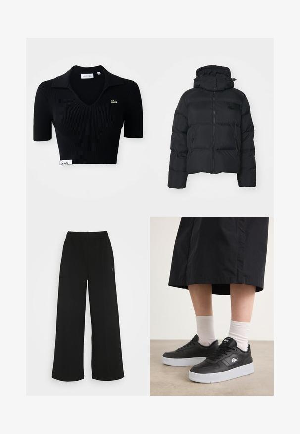 Czarna kurtka puchowa z odpinanym kapturem, zamek z przodu i dwoma bocznymi kieszeniami. Posiada pikowane elementy i małe logo na piersi.; Czarny krótki polo z rypsowej tkaniny z dekoltem w kształcie V, krótkimi rękawami i zielonym haftowanym logo po lewej stronie klatki piersiowej. Biała metka u dołu.; Czarne spodnie o szerokich nogawkach z elastycznym pasem. Wykonane z miękkiego, lekkiego materiału. Posiada pionowe szwy na przodzie.; Czarne skórzane trampki z białą gumową podeszwą, z logo po boku, okrągłym noskiem i czarnymi sznurowadłami. Noszone z białymi skarpetkami.