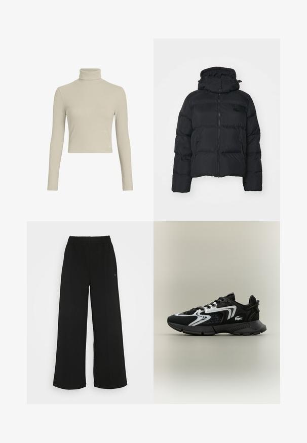 Jachetă puf neagră cu glugă detașabilă, fermoar frontal și două buzunare laterale. Prezintă secțiuni matlasate și un mic logo pe piept.; Bluză bej deschis cu guler înalt și mâneci lungi, cu un design ajustat. Prezintă un eticheta subtilă cu logo pe margine. Textură netedă.; Pantaloni negri cu picioare largi, cu un cordon elastic la talie. Realizați dintr-un material moale și ușor. Prezintă cusături verticale pe față.; Pantofi sport negri cu panouri din plasă, accente argintii și suprapuneri texturate negre. Prezintă șireturi și o talpă curbată, robustă.