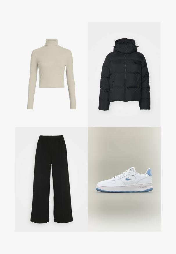 Čierna prešívaná bunda s odnímateľnou kapucňou, so zipsom vpredu a dvoma bočnými vreckami. Obsahuje prešívané sekcie a malé logo na hrudi.; Svetlo béžový rebrovaný rolák s dlhým rukávom a priliehavým strihom, s vysokým golierom. Obsahuje decentnú logovú nášivku na leme. Hladká textúra.; Čierne široké nohavice s elastickým pásom. Vyrobené z mäkkého, ľahkého materiálu. Obsahujú vertikálne švy po prednej strane.; Biele tenisky Lacoste s svetlomodrými akcentmi, šnurovanie vpredu a značkovým krokodílím logom na bočnej strane a na päte, izolované na neutrálnom pozadí.