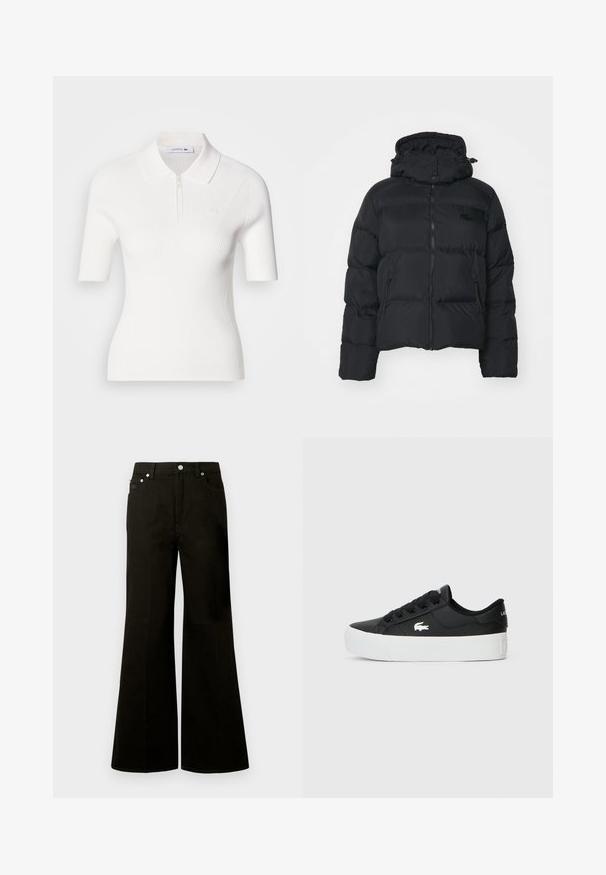 Fekete puffdzseki leválasztható kapucnival, cipzáros elején és két oldalsó zsebbel. Steppelt részekkel és egy kis logóval a mellkason.; Fehér, rövid ujjú, póló stílusú felső, cipzáras gallérral, finom bordázott textúrával és egy kis Lacoste logóval a mellrészen.; Fekete, magas derekú, széles szárú farmernadrág elöl gombbal és cipzárral, övbújtatókkal és öt zsebbel, köztük egy kis érmepénztárcával.; Fekete alacsony szárú sneaker szintetikus anyagból, fehér gumitalppal, fekete fűzőkkel és egy kis fehér logóval az oldalán.