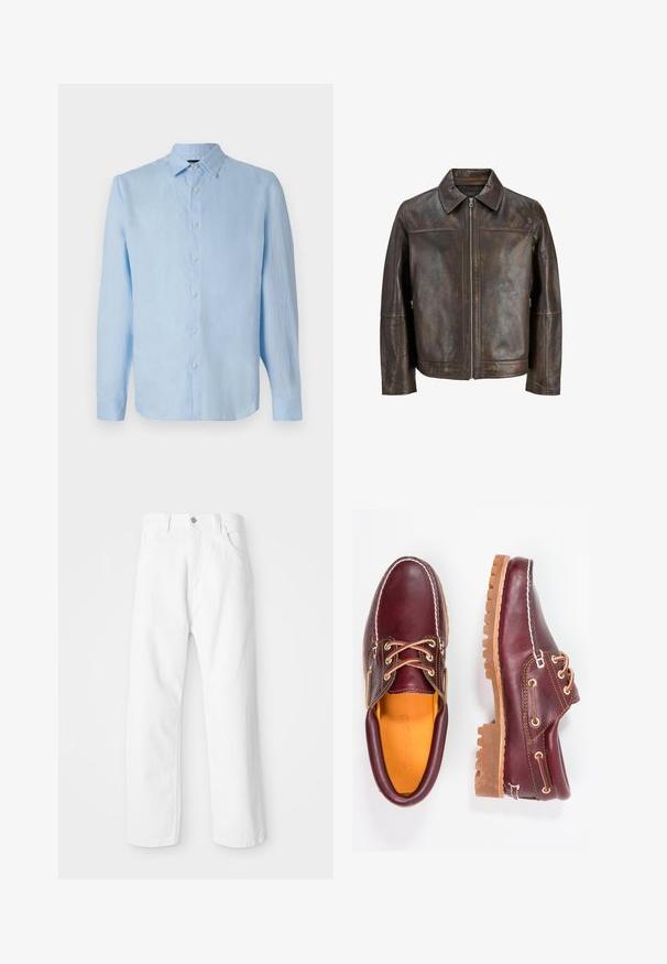 Brown leather jacket with a zippered front, pointed collar, and side pockets. Features a smooth texture and slightly distressed finish.; Light blue long-sleeve shirt made of linen, featuring a button-down front, a collar, and a straight cut. Soft texture with no visible patterns.; White denim pants with a straight leg design, featuring a front button and zipper closure, five pockets, and a clean, textured finish.; Burgundy leather shoes with brown rubber soles, round toe, white stitching, and gold eyelets. Interior features a yellow lining.
