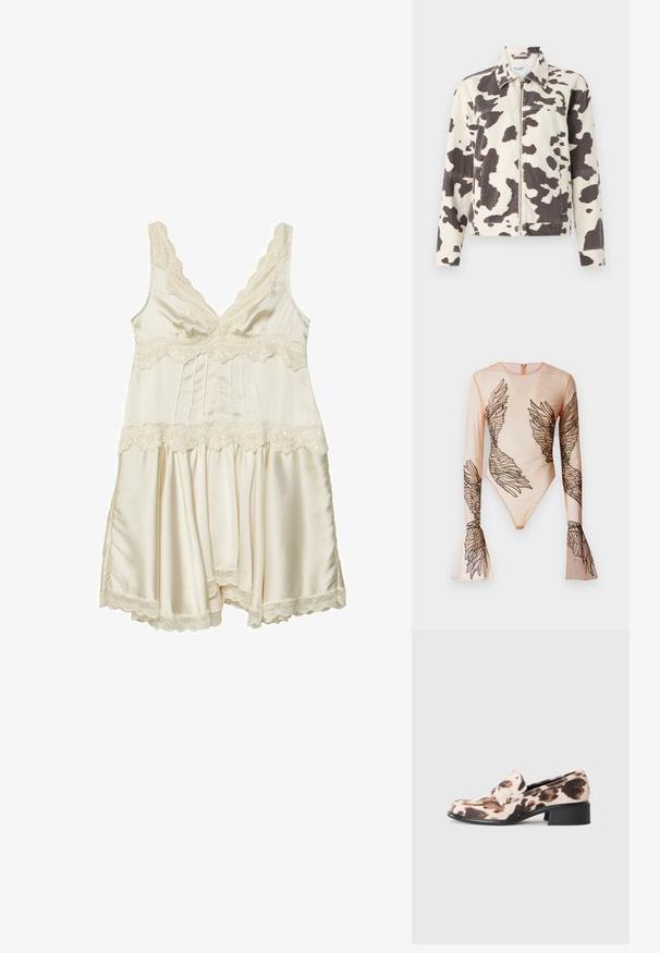 Cowprint-Jeansjacke mit beigem Hintergrund und dunkelbraunen unregelmäßigen Flecken, vorderem Reißverschluss und Brusttaschendetail.; Durchsichtiger langärmeliger Body in Nude, mit gestickten schwarzen Flügeldesigns an den Ärmeln und am Torso, mit einem Reißverschluss hinten.; Cremfarbene Satin-Nachtwäsche mit Spitzenbesatz, V-Ausschnitt, verstellbaren Trägern, gerafftem Oberteil und schwingendem Rock mit gewelltem Saum.; Niedrigabsatz-Lederloafer mit schwarzem gestapeltem Absatz, Obermaterial aus beige-braunem Tierdruckstoff und dekorativem Riemen über dem Spann.; Braune Wildlederhandtasche mit dunklen Lederelementen, geschwungener Form, flachem Griff und goldfarbenem Verschluss mit Logo-Detail auf der Vorderseite.