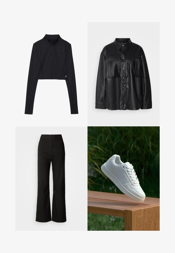 Černá kožená košile s knoflíkovým zapínáním vepředu, s pruhem třásní přes hruď. Hladký povrch, klasický límec a dlouhé rukávy.; Černý krátký top s dlouhým rukávem, vysokým límcem a čtvrtinovým zipem, s plochými švy a logem u lemu.; Černé kalhoty se širokými nohavicemi, hladkou texturou, vysokým pasem a čistým designem. Bez viditelných kapes nebo ozdob.; Bílé tenisky s hladkým syntetickým svrškem, perforovanou špičkou, plochými tkaničkami a texturovanou podrážkou, vystavené na dřevěném povrchu.