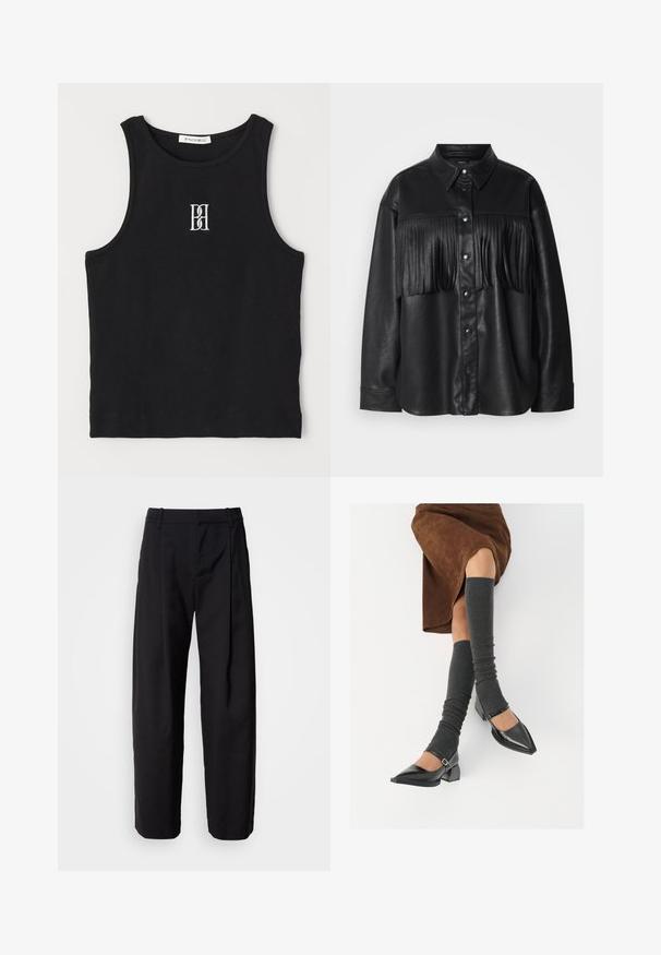Svart lærskjorte med knappelukking foran, med en panel av frynser over brystet. Glatt tekstur, klassisk krage og lange ermer.; Svart ribbet tanktop med rund halslinse og brodert logo i hvitt. Stoffet har en glatt tekstur med en tettsittende fasong.; Svarte bukser med avslappet passform, plisserte foran og beltehemper. Glatt stoff og rette ben, med sidelommer.; Sorte lakkpumps med spiss tå, blokkhel, og ankelstropp, kombinert med grå ribbestrikkede beinvarmere og et brunt semsket skinn skjørt.