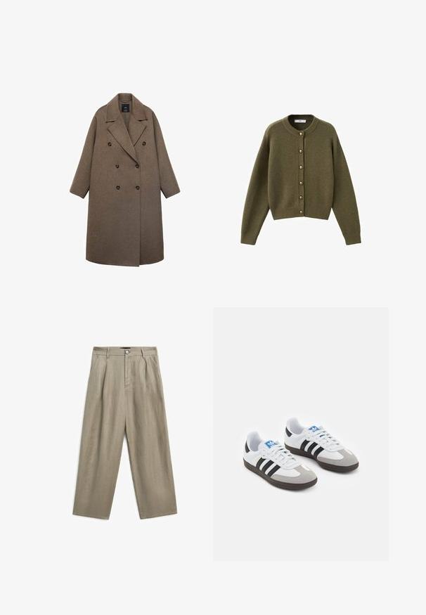 Dubbelzijdige jas van bruine wol met een geknipte kraag, grote zwarte knopen en brede mouwen, met een knielange ontwerp.; Olijfgroen gebreide cardigan met een ronde halslijn, grote knopen aan de voorkant en geribbelde boorden en onderkant. Zachte textuur, relaxte fit.; Effen wit T-shirt met korte mouwen en ronde hals met een zwart etiket bij de kraag, plat gelegd op een witte achtergrond.; Kaki linnen broek met een losse fit, voorzien van een knoopsluiting aan de voorkant en geplooid ontwerp. Korte, rechte pijpen en een soepele textuur.; Sportschoenen met een witte leren bovenkant, grijze suède neus en drie zwarte strepen. Bevat een blauw logo op de tong en een gestructureerde rubberen zool.